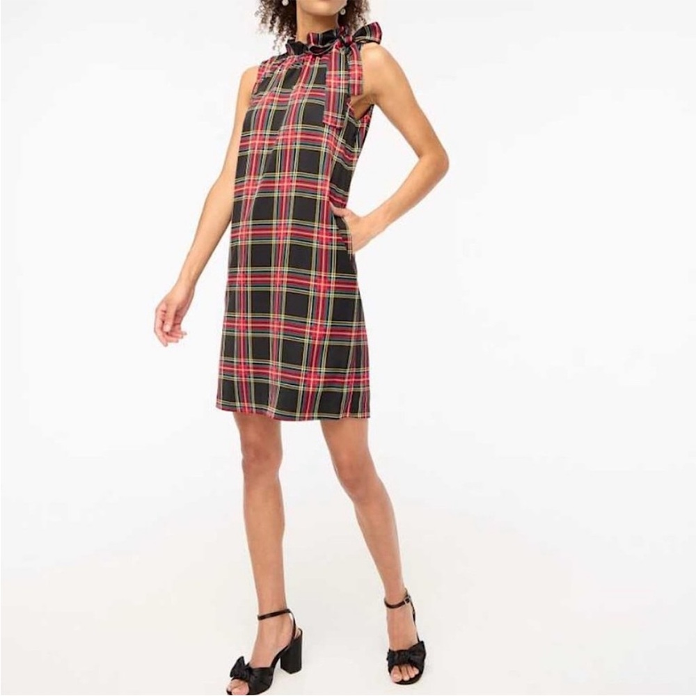 J CREW 14 Red Tartan Plaid Shift Dress Pockets Sleeveless Bow at Neck Holiday